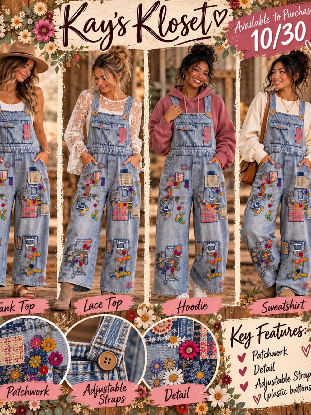 BW93–(ETA 10/30) 🟪🟨🟧🟦🟩 Blue Patchwork Denim Overalls for Women